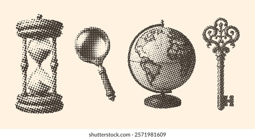 Vintage Collection of Hourglass, Magnifying Glass, Globe, and Ornate Key, Halftone Photocopy Style Set