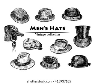 Vintage collection of vintage inking Hats sketch. Fedora, Homburg, Bowler, cowboy, Porkpie, Boater, Campaign, Stingy Brim. 