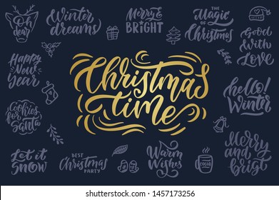 The vintage collection for Marry Christmas and Happy New Year in the blue background. Hand drawn lettering phrase is good for t-shirt designs, posters, ads etc. Vector illustration
