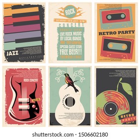 Vintage collection of musical posters. Flyers set for retro parties, rock music and jazz concerts, classical guitar events and other music festivals. Retro posters vector illustration.