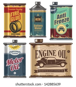 Vintage Collection Of Old Motor And Engine Oil Cans, Anti Freeze, Water And Tire Glue Bottles. Retro Vector Design Concept. Car Cosmetics And Transportation Related Products.