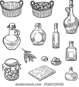 Vintage collection of olives, bottles and kitchen ware line drawing vector illustration.