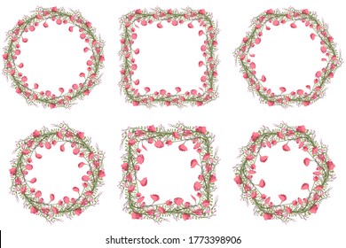 Vintage collection with pink pea flowers, green leaf wreath frame. Elegant retro style decoration. Vector invitation template. Floral borders set.