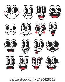 Vintage Collection of Retro Face Expressions for Mascots. Iconic and Expressive Designs. Happy, Sad, Surprised, Angry. Isolated Flat Vector Illustration