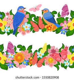 vintage collection of seamless leaf borders with cute birds and flowers for your design