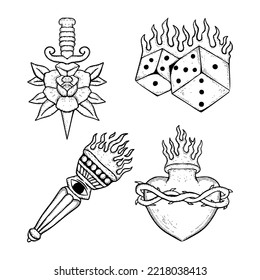 Vintage Collection set Doodle Illustration hand drawn cartoon sketch for tattoo, stickers, etc