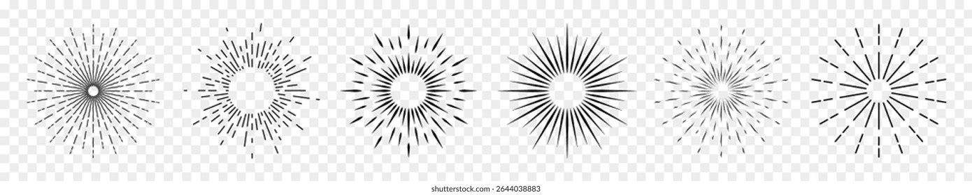 Vintage collection of six sunbursts on a white background. The radial rays of the setting sun. A sunbeam with lines. Retro logo in the form of a circle with radial rays. Vector EPS 10.