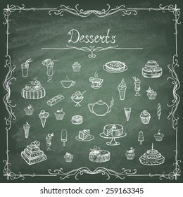 Vintage collection sketches of desserts on the green blackboard. Vector illustration.