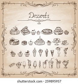 Vintage collection  sketches of hand-drawn desserts. Vector illustration.