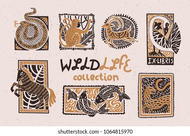 Vintage collection of stylized animals in the technique of linocut. Can be used as a print on clothes, postal stamp, postcard