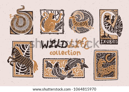 Vintage collection of stylized animals in the technique of linocut. Can be used as a print on clothes, postal stamp, postcard