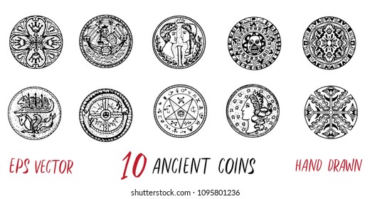 Vintage collection with ten ancient coins. Hand drawn doodle engraved illustrations with graphic drawings