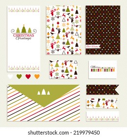 Vintage collection of vector Christmas and New year design elements - envelope, cards, brochure, stickers, ribbons, invitation. Decorative  greeting cards with decorative colorful stripes and dots.