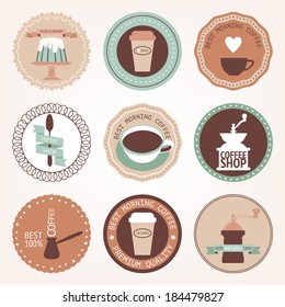 Vintage collection of vector coffee circles. Retro coffee sticker