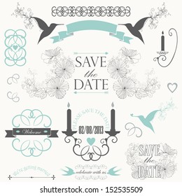 Vintage collection of Vector wedding design elements. Decorative set of ornamental objects and signs.