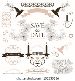 Vintage collection of Vector wedding design elements. Decorative set of ornamental objects and signs.