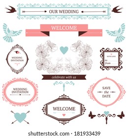 Vintage collection of Vector wedding design elements. Decorative set of ornamental objects and signs.