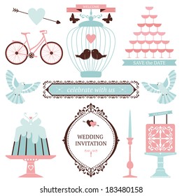 Vintage collection of Vector wedding design elements. Decorative set of holiday objects and signs.