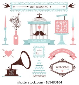 Vintage collection of Vector wedding design elements. Decorative set of holiday objects and signs