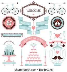 Vintage collection of Vector wedding design elements. Decorative set of holiday objects and signs.