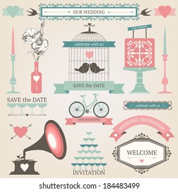 Vintage collection of Vector wedding design elements. Decorative set of holiday objects and signs