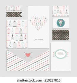 Vintage collection of vector wedding design elements - invitation, envelope, cards, brochure, stickers, ribbons. Decorative greeting cards with decorative birds cages, colorful stripes and dots.