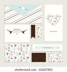 Vintage collection of vector wedding design elements - envelope, cards, brochure, stickers, ribbons, invitation. Decorative greeting cards with decorative food and drinks, colorful stripes and dots.