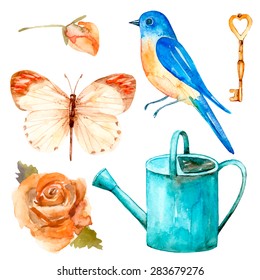 Vintage collection for your design. Romantic set of hand drawn elements:bird, rose flower, watering can, butterfly, key. Vector background for invitation, wedding and greeting cards.