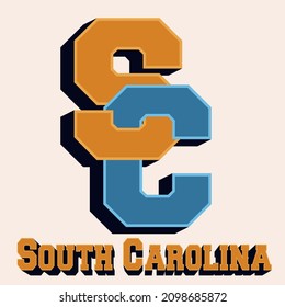 Vintage college campus varsity print with 3D south carolina slogan for graphic tee t shirt or patch - Vector 