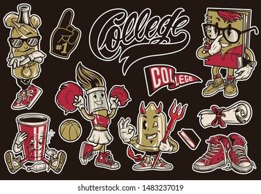 Vintage college colorful elements collection with university funny characters diploma ball fan glove book on dark background isolated vector illustration