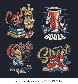 Vintage college colorful emblems with sneakers drunk soda cup stylish bottle in paper bag and sports fan pencil characters isolated vector illustration