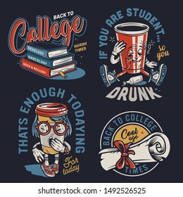 Vintage college colorful labels with stack of books diploma scroll drunk paper cup and yawning coffee cup characters on dark background isolated vector illustration