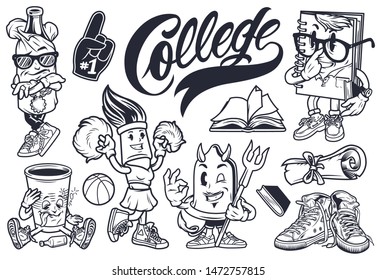 Vintage college cute characters set with bottle in paper bag funny notebook drunk cup brush cheerleader condom devil fan glove sneakers diploma scroll isolated vector illustration
