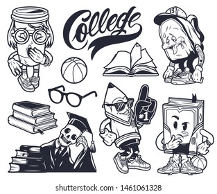 Vintage college elements funny monochrome set with cute characters of schoolbag pencil book paper cup skeleton in mantle and graduation cap isolated vector illustration