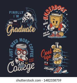 Vintage college funny characters labels with meditative book yawning coffee cup stylish bottle wearing paper bag skeleton in mantle and graduation cap isolated vector illustration