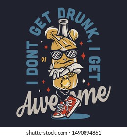 Vintage college funny colorful badge with stylish bottle wearing paper bag sunglasses necklace sneakers isolated vector illustration