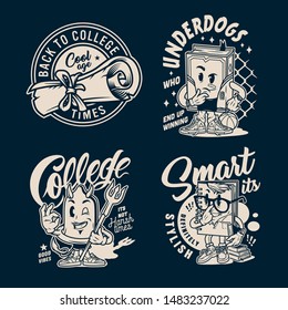 Vintage college labels with diploma scroll and funny characters of smart notepad meditative book condom with devil horns tail trident isolated vector illustration