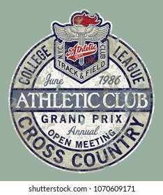 Vintage College league track and field cross country, vector print for boy sport wear grunge effect in separate layers