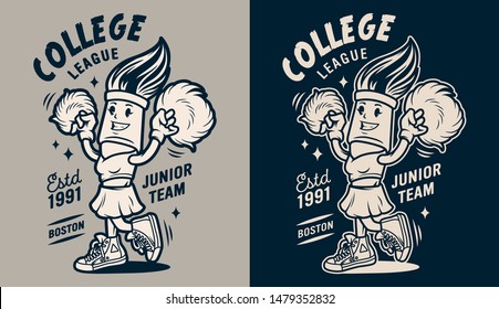 Vintage college monochrome emblem with funny cheerleader brush character holding pom-poms isolated vector illustration