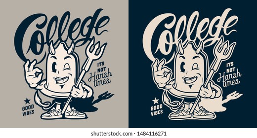 Vintage college monochrome emblem with funny character of condom with devil horns tail and trident isolated vector illustration