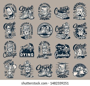 Vintage college monochrome labels set with sneakers diploma scroll stack of books and different funny university characters isolated vector illustration