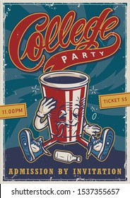 Vintage College Party Advertising Colorful Poster With Funny Drunk Paper Cup Character In Sneakers Vector Illustration