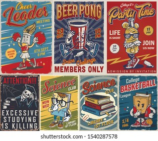 Vintage college posters set with books and cute characters of cheerleader brush drunk paper cup skeleton in mantle and graduation cap meditative book funny notepad stylish bottle vector illustration