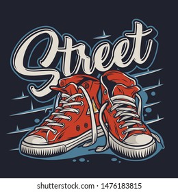 Vintage college style colorful label with pair of sneakers isolated vector illustration