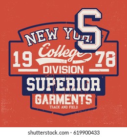 vintage college style vector tee print deisgn with applique design