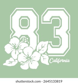 Vintage college typography california slogan print with retro number and tropical flower illustration for graphic tee t shirt or poster - Vector