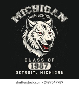 Vintage college typography. varsity michigan high school slogan print with tiger illustration for man - woman - kids graphic tee t shirt or sweatshirt - Vector college 
