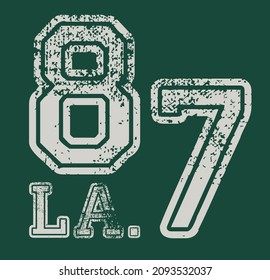 Vintage college varsity 87 LA los angeles slogan print with numbers and grunge texture for graphic tee t shirt or sweatshirt - Vector