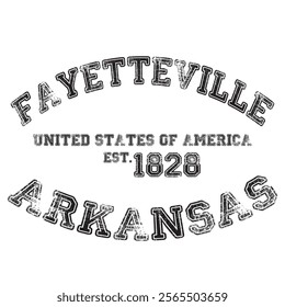 vintage college varsity arkansas's fayetteville city slogan emblem print with grunge effect for graphic tee t shirt or sweatshirt - vector