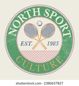 Vintage college varsity athletic tennis league sport club slogan print with rackets and ball illustration with emblem for graphic tee t shirt or sweatshirt - Vector